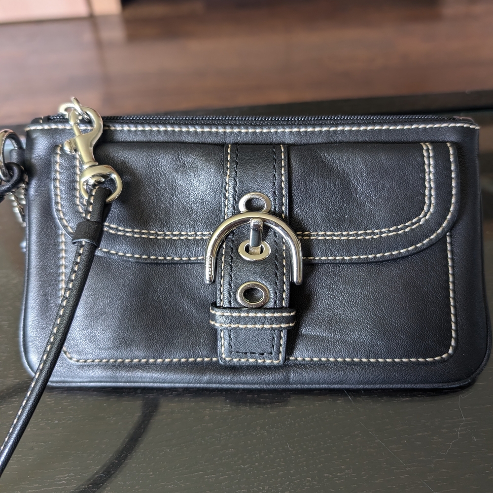 Coach Black Leather Wristlet with Silver Buckle